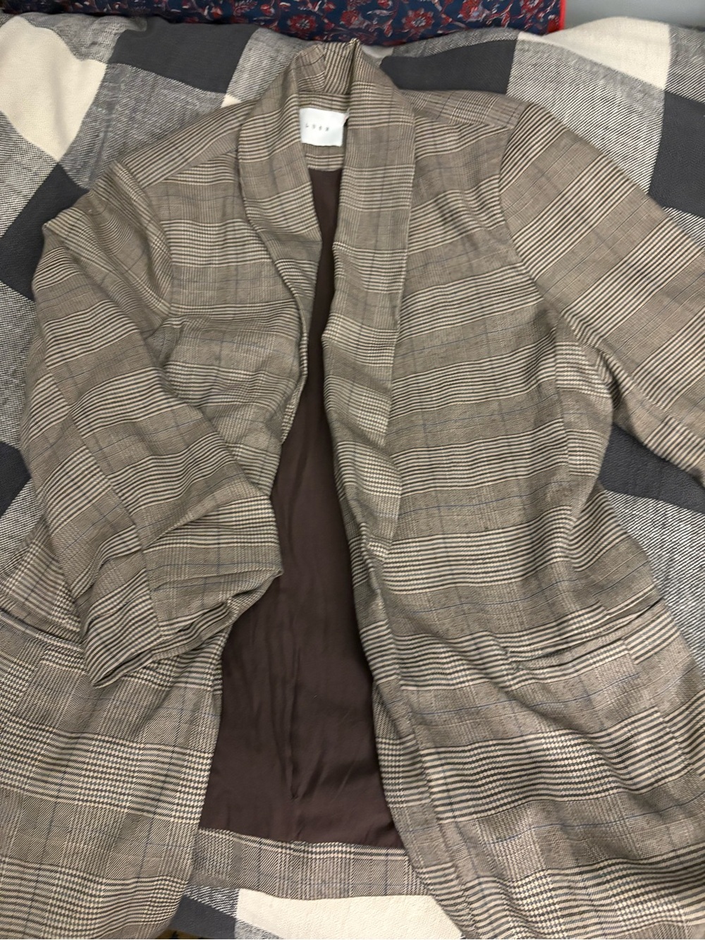 Lush: Plaid Open Front Women's Blazer Jacket - Taupe Brown